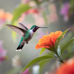 Naklejka premium Hummingbird flying in front of a flower