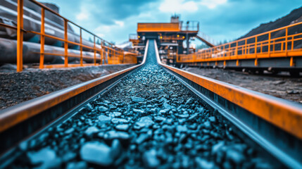 Fototapeta premium A view of a coal conveyor belt lined with gravel leading to processing facilities under an overcast sky in an industrial setting
