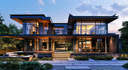 Fototapeta premium Large house with a pool and a garden. The house is surrounded by trees and has a modern design