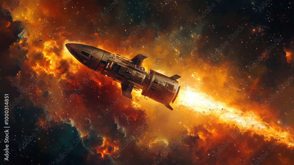 Poster a spaceship exploding in a starry sky