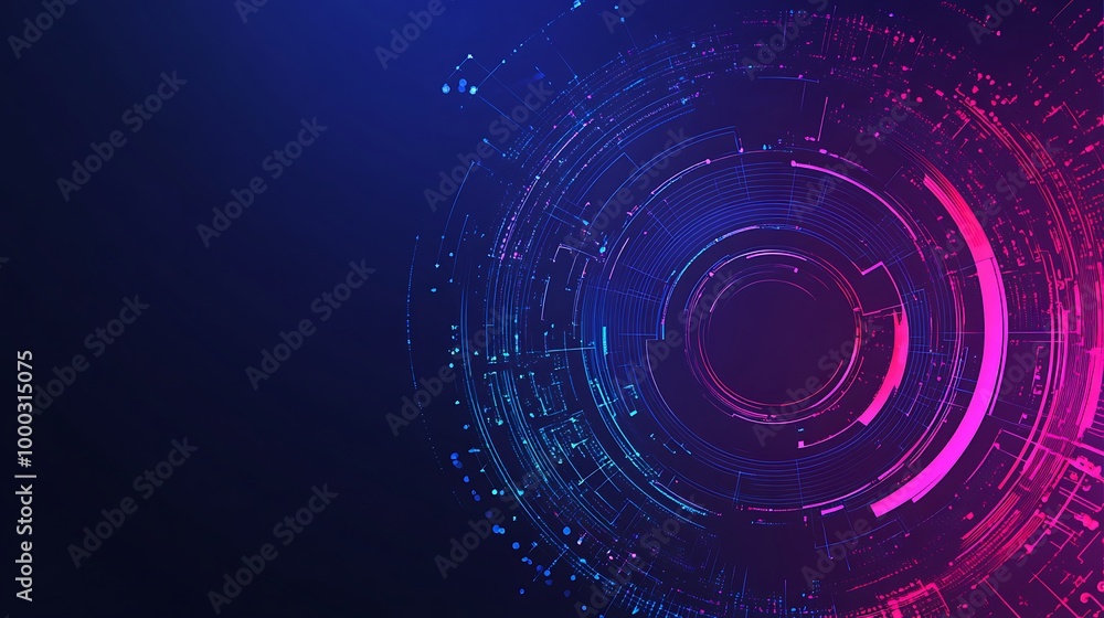 Poster abstract digital background with glowing circles and lines in pink and blue on a dark background.