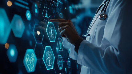 A healthcare professional interacts with advanced medical technology displaying digital health icons in a modern facility