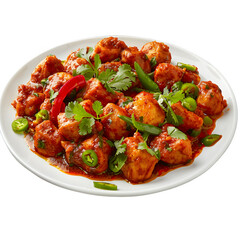Fototapeta premium Tasty spicy chicken curry topped with fresh herbs and green chilies, presented on a clean white plate against a see-through background