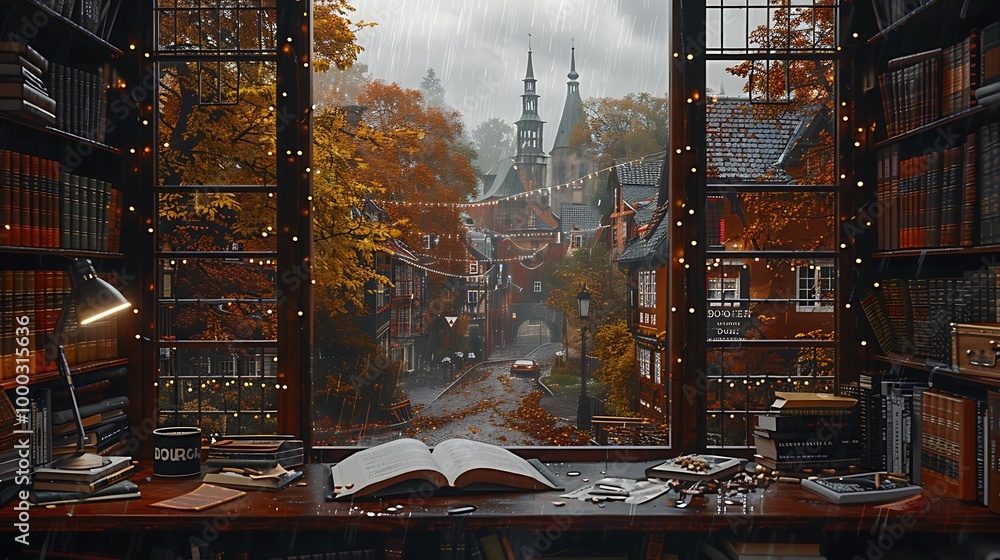 Aufkleber rainy autumn day view from a window of a cozy library with an open book on the desk.