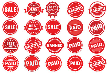 Red vector icons with text SALE, BEST QUALITY, BANNED, PAID, isolated on white background