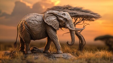 Fototapeta premium African Elephant Standing on a Rock at Sunset