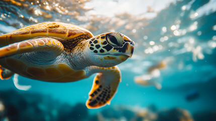 Obraz premium A gracefully swimming sea turtle gliding through crystal-clear waters surrounded by vibrant seaweed in an underwater wonderland