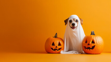 A playful dog dressed as a ghost with carved pumpkins on an orange backdrop for Halloween celebrations