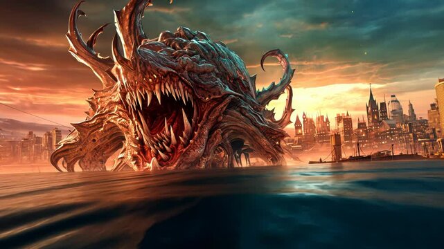 Giant monster from the sea attacking the city on the coast. Scary fairytale concept with Kraken