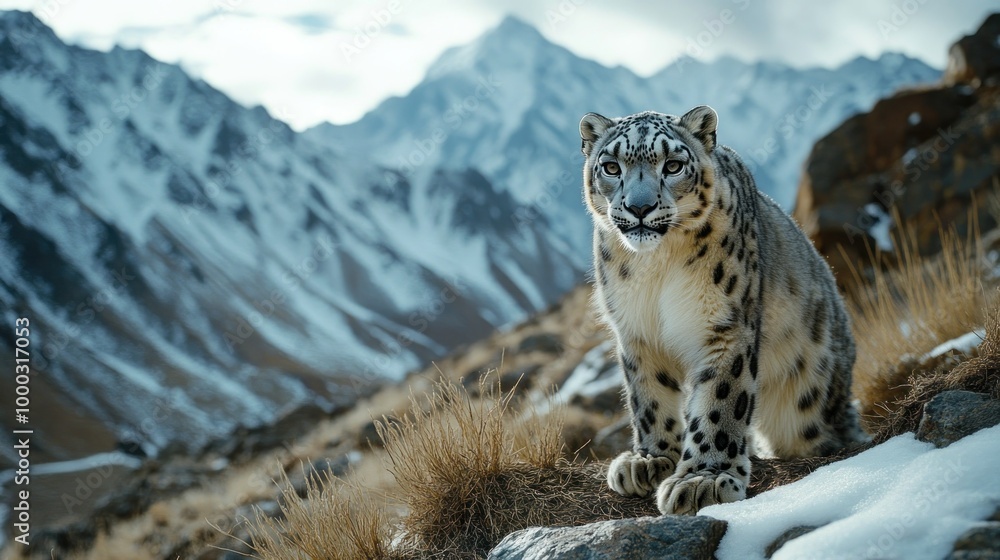 Poster Snow Leopard Standing on a Rocky Mountainside