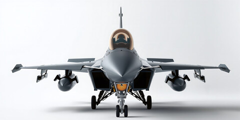 Fototapeta premium Conceptual representation of the frontal view of a modern dark fighter jet standing on the ground ready for combat and parked