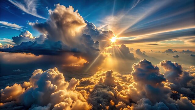 Fluffy Sun Lit Wispy Clouds in the Skyline: Majestic Cloud Formations and Scenic Sky Views for Atmospheric Visuals for Poster and Digital Design Projects