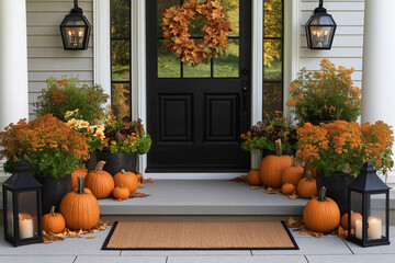 Beautiful fall autumn front door porch with pumpkins and chrysanthemum