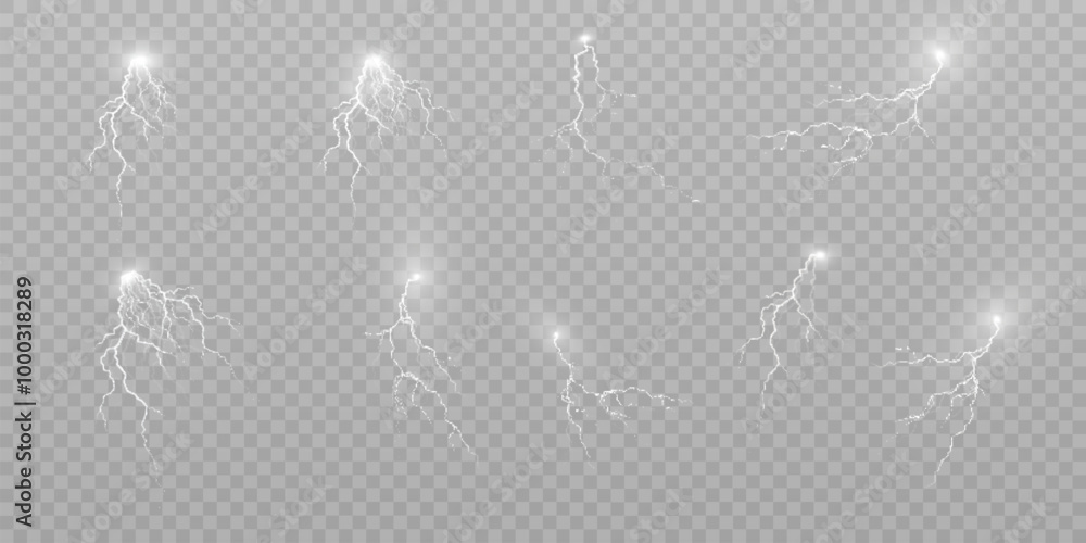 Poster Bright lightning effect, lightning electric discharge, bright light effect. Lightning energy discharge effect isolated on transparent background for web design and illustrations.
