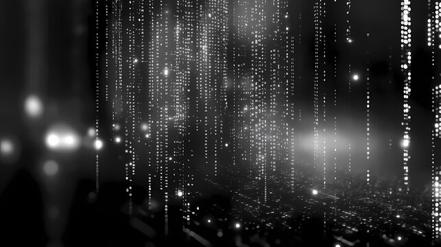 Binary code background grayscale digital rain effect. Digital Rain. Illustration