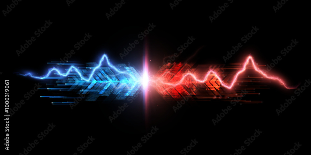 Fototapete Light energy explosion effect when colliding with lightning, light arrow collision of two forces. Vector