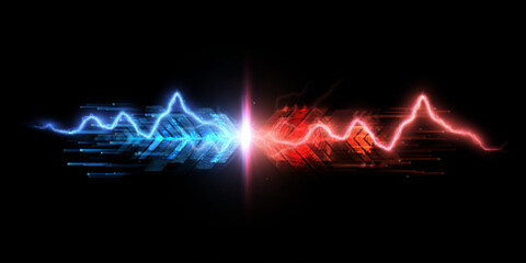 Light energy explosion effect when colliding with lightning, light arrow collision of two forces. Vector