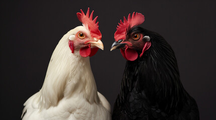 Fototapeta premium Portrait of White and Black Chickens on Dark Background