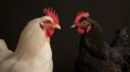 Two Chickens on Black Background