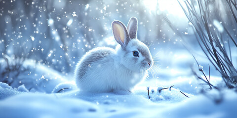 White Rabbit in Snowy Winter Landscape

