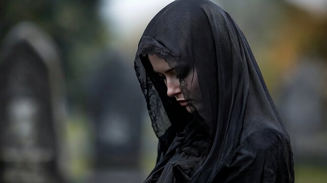 A woman in a black veil standing in front of a gravestone, her head bowed in mourning as the wind gently blows her veil