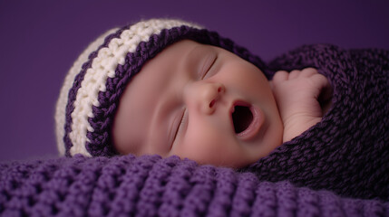 Newborn baby yawning wrapped in purple crochet blanket with matching hat