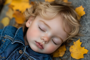 Fototapeta premium A portrait of a pretty boy sleeping on a stone in an autumn park, a close -up face with eyes closed and blond hair, surrounded by yellow leaves.