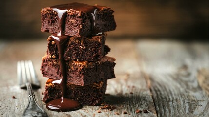 Chocolate brownie with chocolate syrup on wooden background
