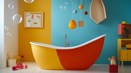 Create a whimsical scene with a bath tub designed for children, featuring bright colors, fun shapes, and playful elements. Include bath toys, bubbles, and a joyful atmosphere.