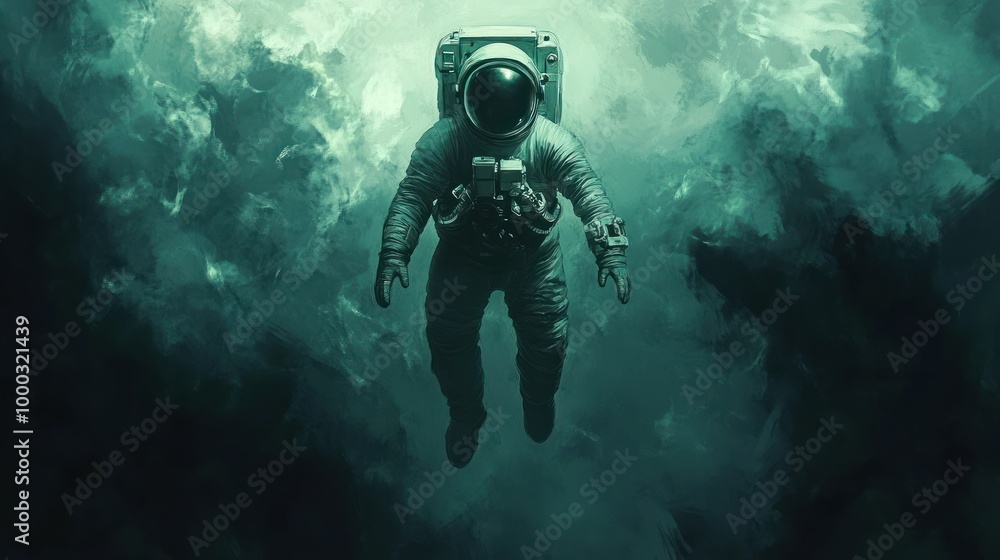 Poster an astronaut floating in a dark, foggy space