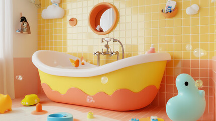 Create a whimsical scene with a bath tub designed for children, featuring bright colors, fun shapes, and playful elements. Include bath toys, bubbles, and a joyful atmosphere.