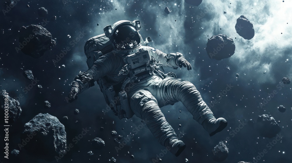 Poster astronaut adrift in a field of asteroids