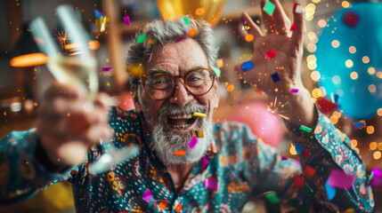 Obraz premium Elderly man celebrating with confetti and champagne at a vibrant party during a festive occasion