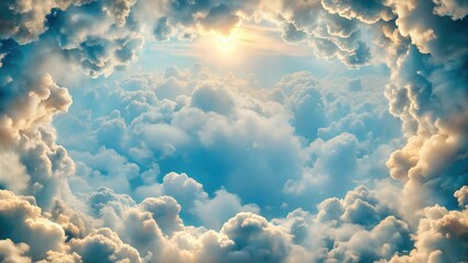 Fluffy Sun Lit Clouds in the Skyline: Majestic Cloud Formations and Scenic Sky Views for Atmospheric Visuals for Poster and Digital Design Projects