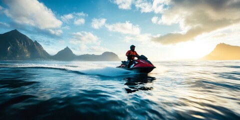A person rides a jet ski across calm waters under a vibrant sky. The scene captures the thrill of water sports. Perfect for travel, adventure, and summer themes. AI