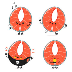 Funny Red fish salmon characters bundle set. Vector hand drawn doodle style cartoon character illustration icon design. Cute Red fish salmon mascot character collection