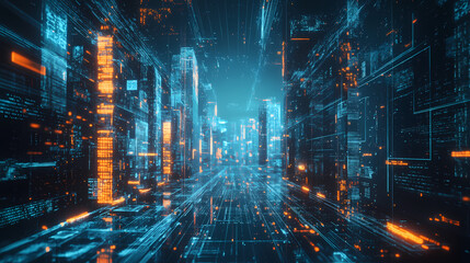 Futuristic head up display of holographic city digitally generated image virtual reality matrix particles in cyber space background environment. Holographic City. Illustration