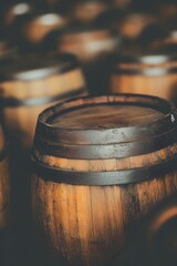 Wooden wine barrels stacked in cellar. Craft beverage production. Winery and winemaking concept. Wine aging process. Banner, background