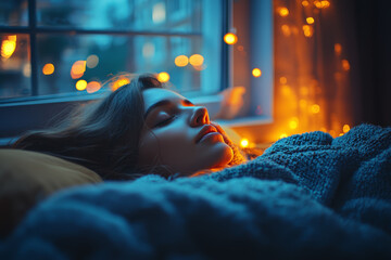 A person setting up a relaxing bedtime playlist or ambient sounds to aid in falling asleep. Concept of auditory relaxation for sleep.
