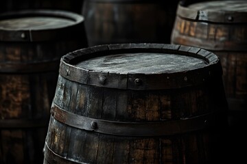 Fototapeta premium Wooden wine barrels stacked in cellar. Craft beverage production. Winery and winemaking concept. Wine aging process. Banner, background