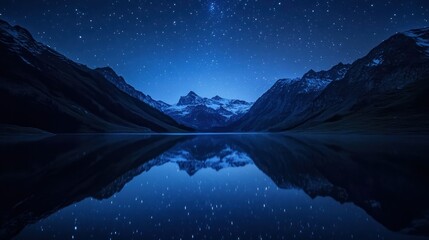 Fototapeta premium Mountain Range Reflection in a Still Lake Under a Starry Night Sky