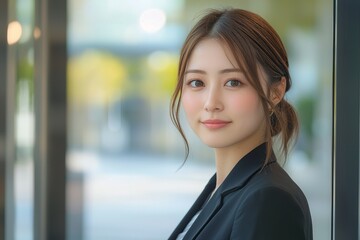 A photograph of an attractive Japanese woman in her early to with brown hair...