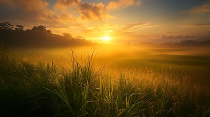 A golden sunrise over a grassy field, the sun breaking through clouds, a warm mist hangs low, creating a serene landscape.