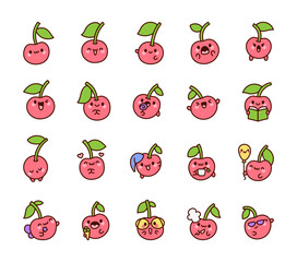 Cute kawaii cherry. Charming fruit character. Hand drawn style. Vector drawing. Collection of design elements.