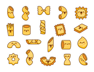 Cute kawaii macaroni. Adorable cartoon pasta. Hand drawn style. Vector drawing. Collection of design elements.