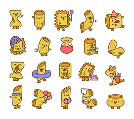Cute macaroni characters. Cartoon pasta product. Hand drawn style. Vector drawing. Collection of design elements.