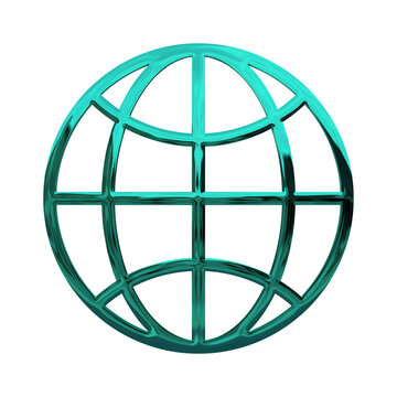 Minimal Globe Icon in 3D Chrome Metal with Shiny Blue Effect | PNG Transparent Background