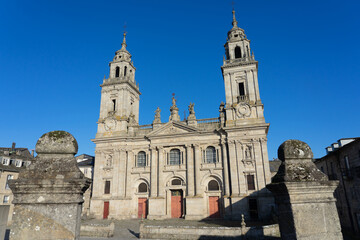 Cathedral of the fortified city of Lugo at sunset in a sunny day, Galicia, Spain.