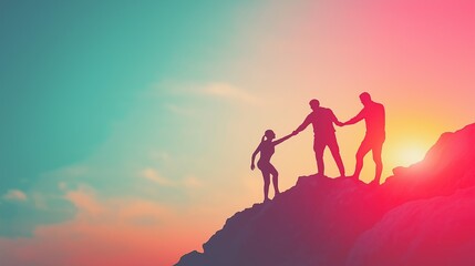 Minimalist Style silhouettes of People Helping each other on mountain, on a soft background. World Kindness day