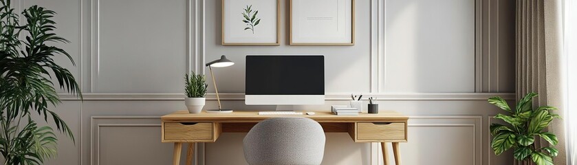 Fototapeta premium Modern workspace featuring a minimalist desk, computer, and plants, creating a serene and productive environment.